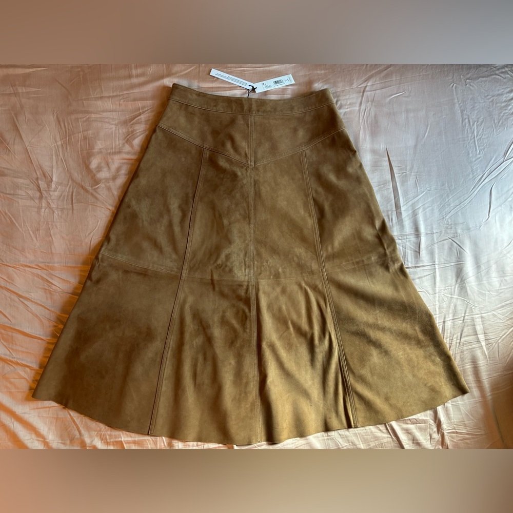 Alice + Olivia Calica Suede Camel Skirt Button-Front A-Line Lambskin - Picture 8 of 9
